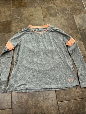 Under Armour loose fit Gray Long Sleeve Shirt with peach Accents